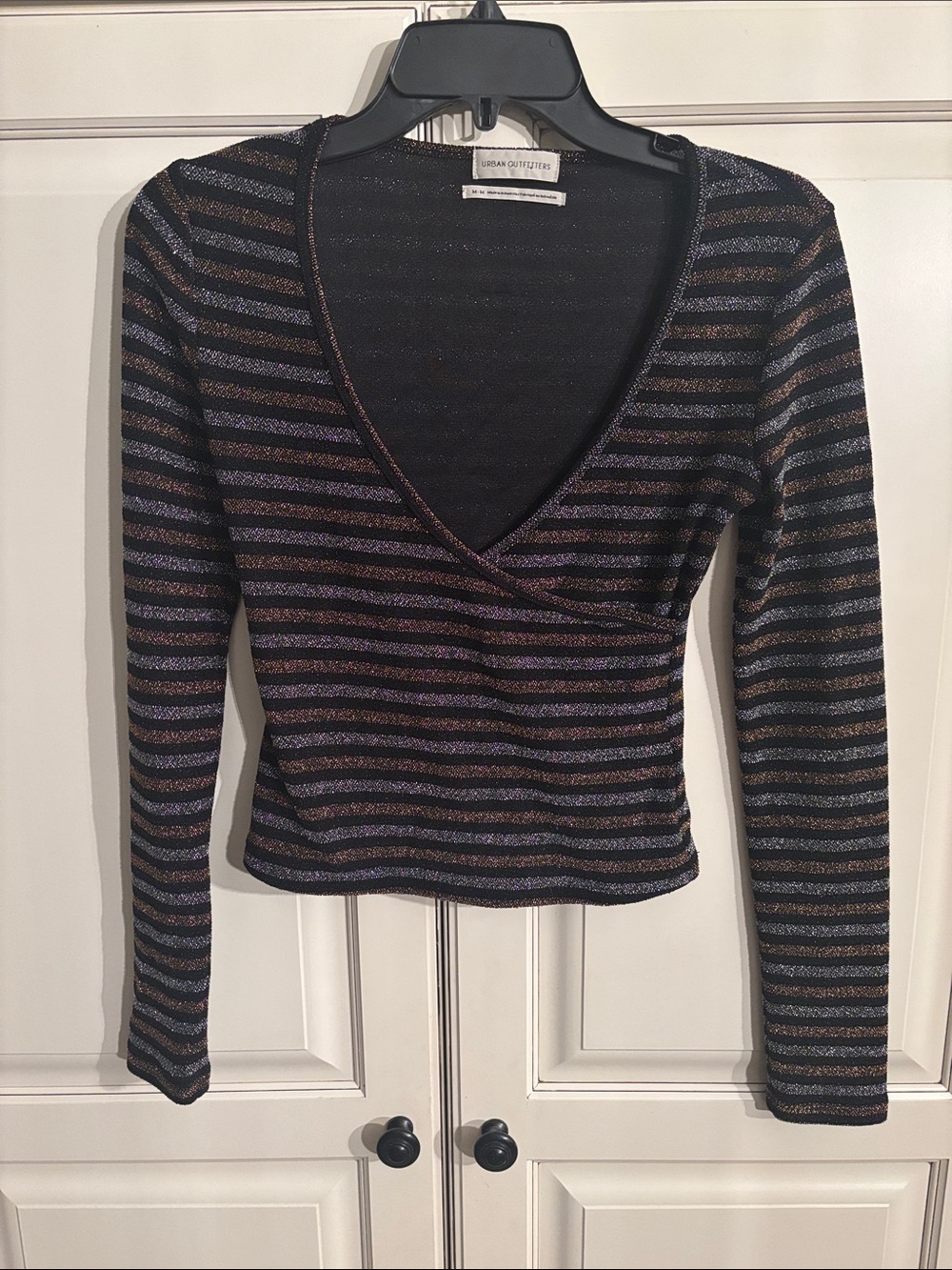 Urban Outfitters Black Metallic Striped Wrap Long Sleeve Top